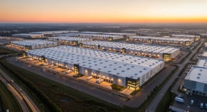 Large Warehouse at Aerial View during Sunset